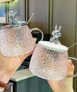 3345- Cốc hút ly thủy tinh tặng kèm nắp gấu,thìa 400ml