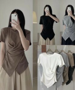 Áo Thun Nữ Cổ tròn thun trơn body cổ tròn nhúm eo vạt chéo bigsize xoắn eo ôm body chất nhẹ mát phong cách thanh lịch