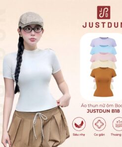 Áo Thun Nữ Ôm Body JUSTDUN B18 Cổ Tròn Tay Ngắn, Cotton Mịn Co Giãn 4 Chiều, Mềm Mại Thoáng Khí