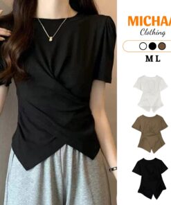 Áo Thun Nữ Xoắn Eo Tay Ngắn Vạt Nhọn Vắt Chéo Michaa ôm Body, Áo Thun Vạt Chéo Thun Gân ADD31