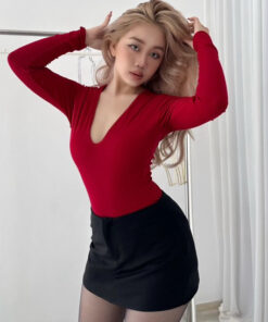 Áo bodysuit nữ cổ tim 2 lớp vải mềm mịn ôm body tôn dáng