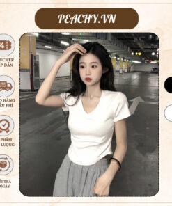Áo thun croptop cổ V áo body dáng ôm áo thun tay ngắn dáng ôm ngọt ngào vạt bầu ngắn tay 618 - PEACHY.VN