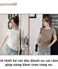 Áo thun nữ cổ tròn khoét eo bên, áo phông nữ trơn rút dây vạt chéo nhiều màu 200T