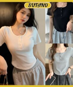 Áo thun nữ ôm body ngắn tay áo kiểu nữ cổ tròn vạt bầu tôn eo phối cúc trẻ trung nữ tính A772 SUTANO