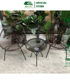 Bàn ghế ban công giả mây lõi thép dùng thư giãn trang trí phòng khách sân vườn cafe, đọc sách