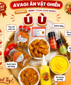 Bánh tráng Phơi Sương COMBO Ú Ù AVAGI (Bánh tráng, Tóp mỡ, túi Bơ, Ruốc hành phi, sốt tắc, ớt rim)