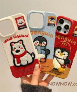Dành Cho IPhone 17 16 15 14 13 12 11 Pro Max X XR XS Max 7 8 Plus Da Dễ Thương Họa Tiết Động Vật Nhỏ Chim Cánh cụt Hoạt Hình Thêu Vỏ Điện Thoại Vỏ Mềm