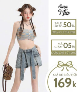 [KHÔNG ĐAI] Chân váy jean ngắn chữ A Saramia nữ quần giả váy bò đính nơ cạp cao xòe đi biển A18