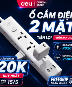 Ổ Cắm Điện 2 Mặt DELI, Ổ Cắm Điện Tam Giác Đa Năng Kết Hợp Cổng USB Sạc Nhanh 2026