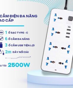 Ổ Điện Đa Năng 2 Mét 6 Ổ Cắm Điện 5 Cổng USB 1 Cổng TP Sạc Nhanh Công Suất 10A Ổ Cắm Điện Thông Minh