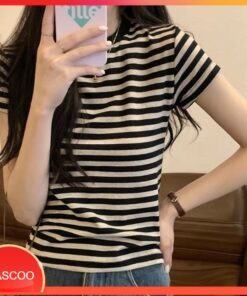 VẢI XỊN Áo thun baby tee nữ kẻ sọc xám tiêu 2 màu đen hồng vải cotton 100% co dãn 4 chiều Hascoo TKDT