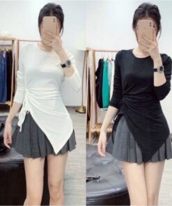 (new) Áo thun body tay dài vạt bầu nhọn rút eo, Áo thun nữ tay dài dây rút ngực chéo cổ sexy độc lạ alohashop91